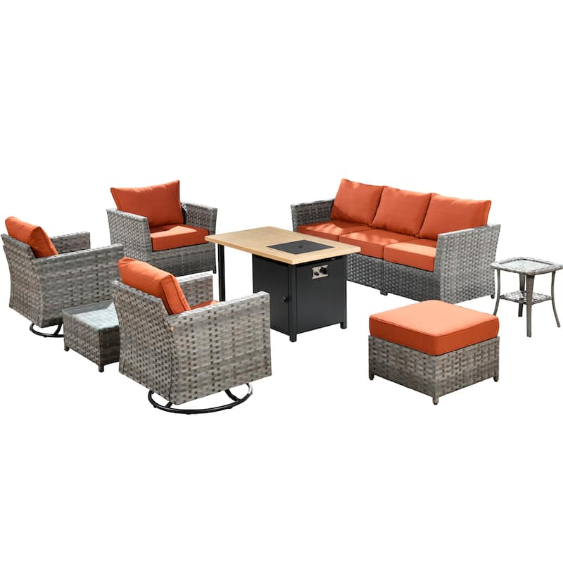 XIZZI 10-piece Outdoor Patio Furniture Rattan Wicker Conversation Sofa Set with Fire Pit