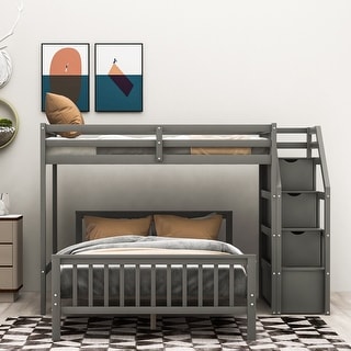 Twin Over Full Bunk Bed with Stairs, Twin Loft Bed w/Full Platform Bed