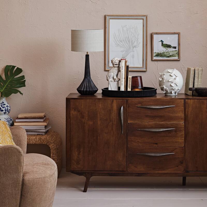 Mango Wood Pleated Table Lamp with Linen Shade - 12.0"L x 12.0"W x 24.0"H