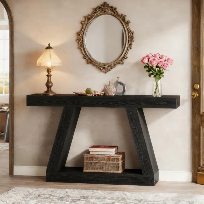 55“ Modern Farmhouse A‑Frame Console Table, 2‑Tier Open Storage Entryway Sofa Table