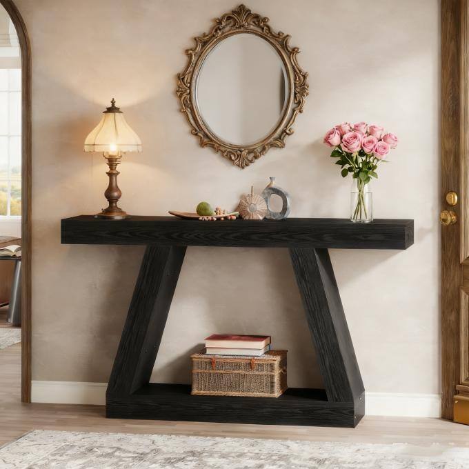 55-Inch Wooden Console Table with Storage, Farmhouse Sofa Table Entryway Table for Hallway, Living Room