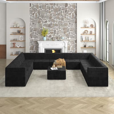 163.39" U-shaped 9-Seat Corduroy Large Modular Sectional Sofa with Ottoman