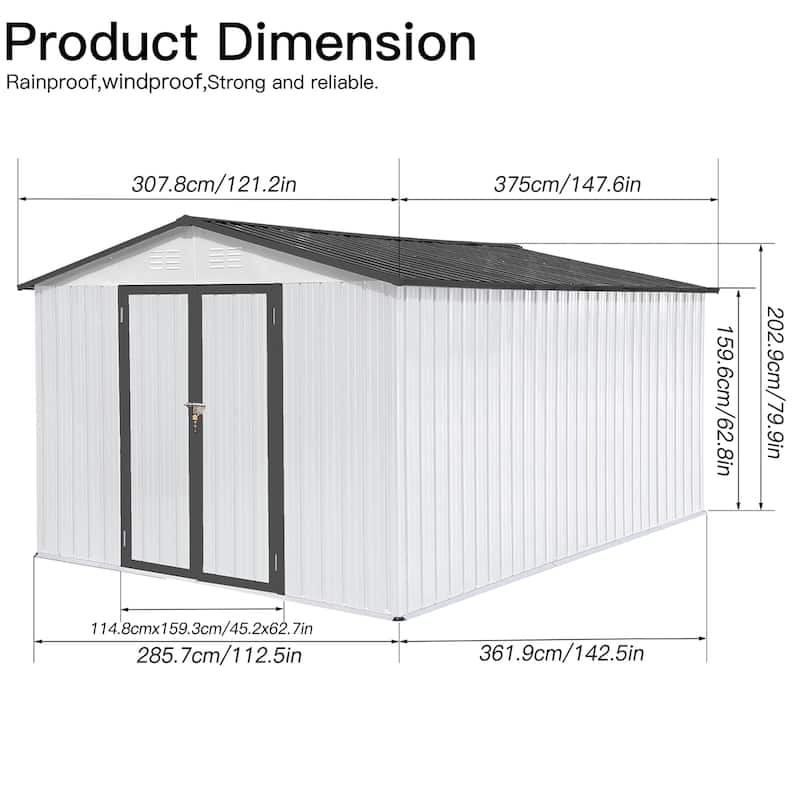 Outdoor 10 x 12 ft. Metal Storage Shed with Vents and Hinged Door and Padlock