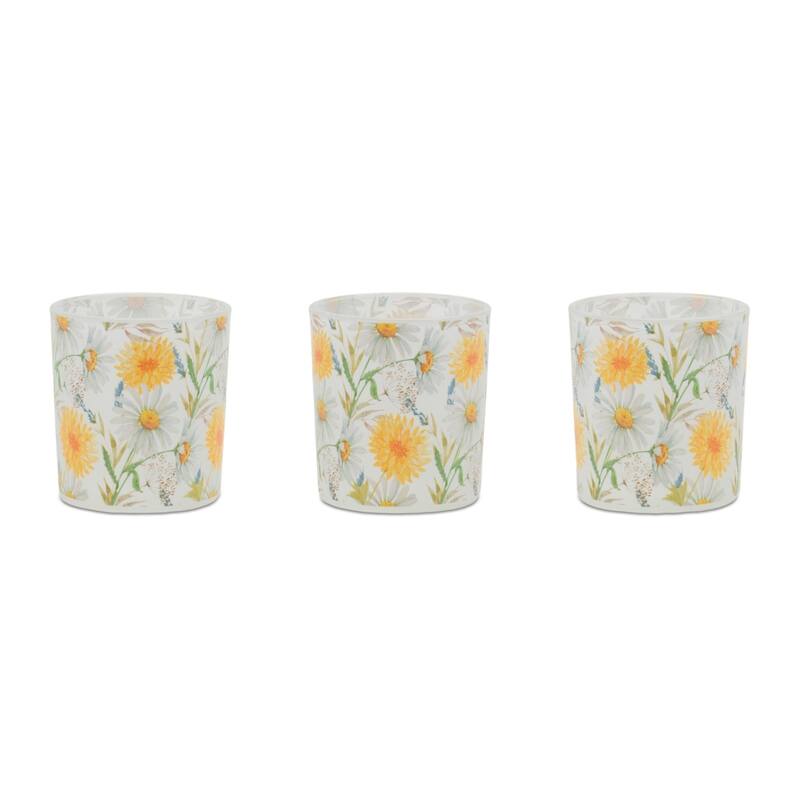 Frosted Glass Floral Votive Candle Holders - 3" - Yellow and Green - Set of 3