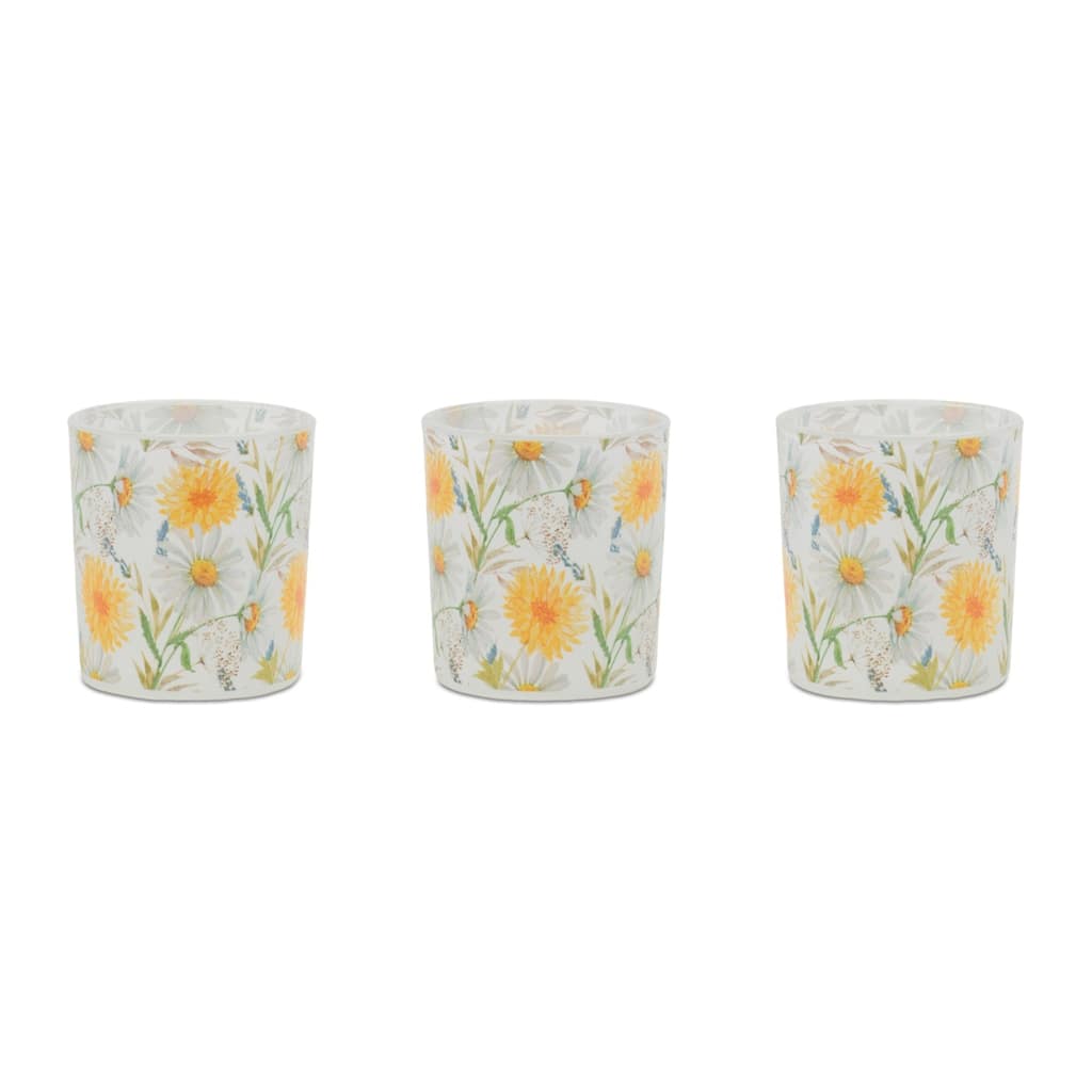 Frosted Glass Floral Votive Candle Holders - 3" - Yellow and Green - Set of 3