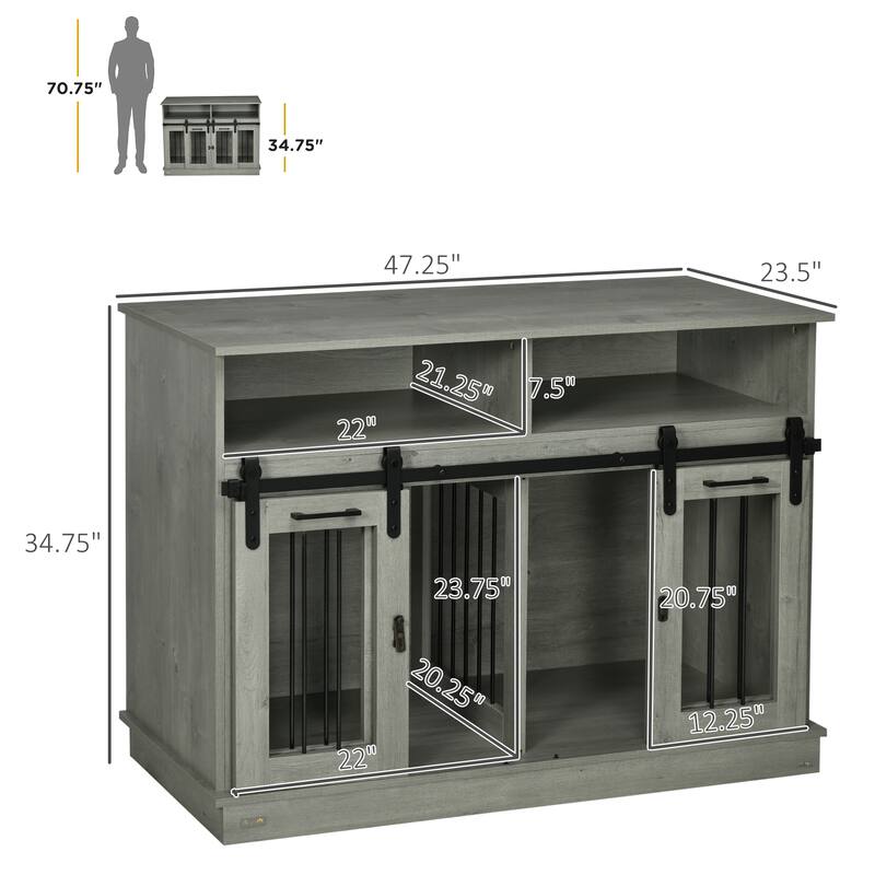 PawHut Dog Crate Furniture for Large Dogs or Double Dog Kennel for Small Dogs with Shelves, Sliding Doors - Gray