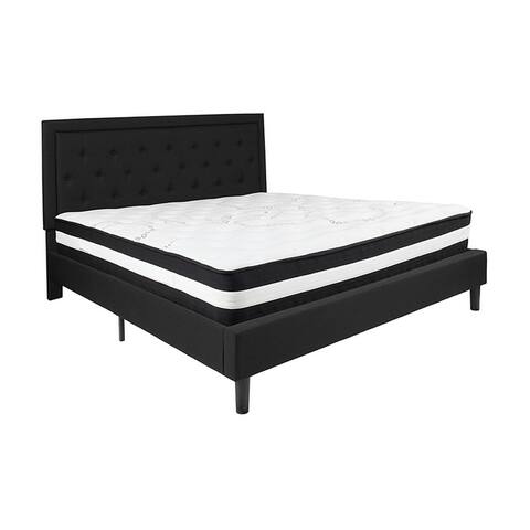Offex Roxbury King Size Tufted Upholstered Platform Bed in Black Fabric with Pocket Spring Mattress