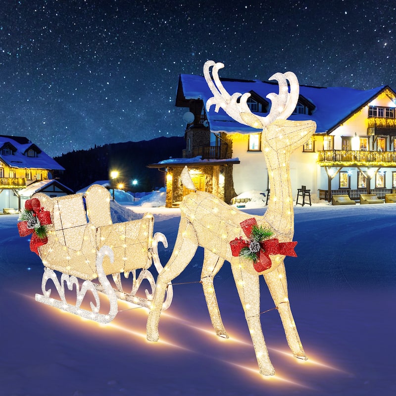 Futzca Lighted Christmas Reindeer & Sleigh, Outdoor Angel Christmas Decoration - Sleigh Reindeer - Yellow
