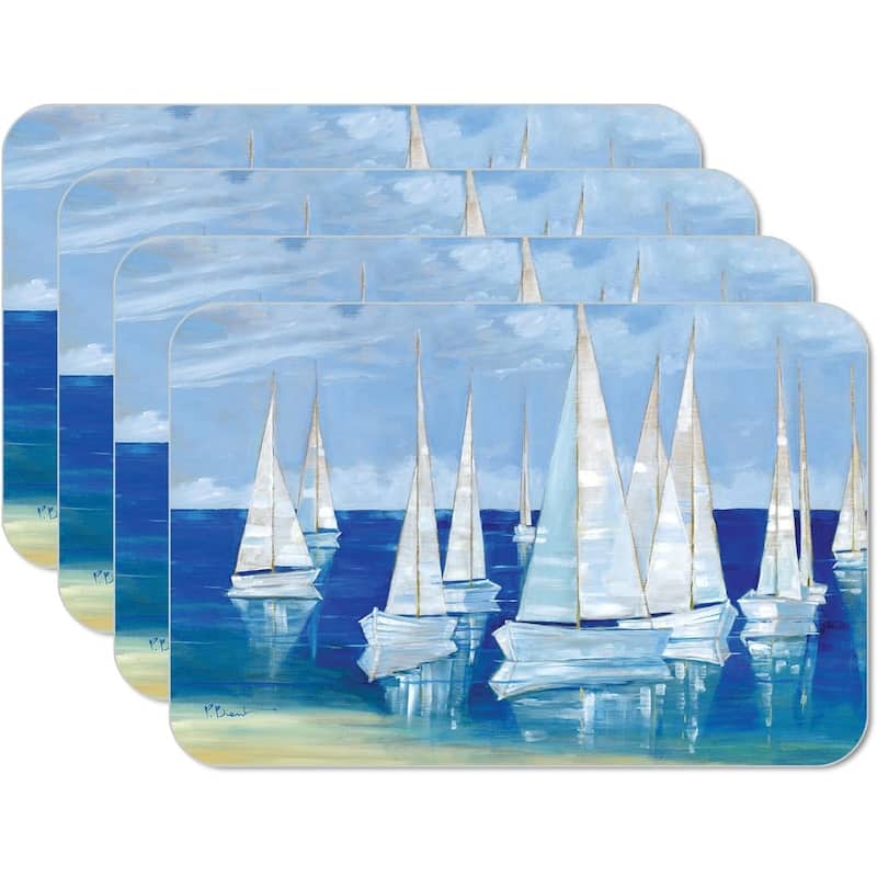 Blanco Beach Sailboats 4 Pack Reversible Easy Care Flexible Plastic Placemats Made in The USA BPA Free Easily Wipes Clean - multi - Set of 4