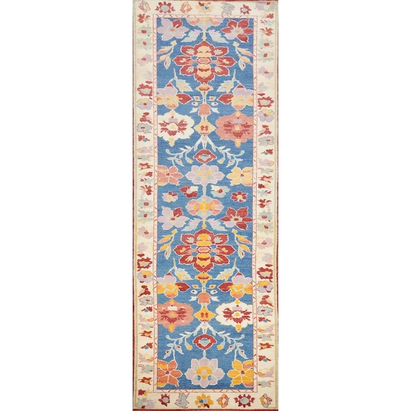 Hand Knotted Oriental 100% Wool Carpet Transitional Floral Navy Blue & Blues Oushak Runner Rug - 19' 5'' X 5' 0''