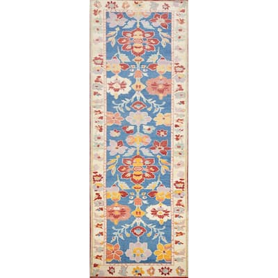 Hand Knotted Oriental 100% Wool Carpet Transitional Floral Navy Blue & Blues Oushak Runner Rug - 19' 5'' X 5' 0''