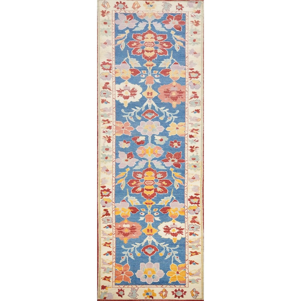 Hand Knotted Oriental 100% Wool Carpet Transitional Floral Navy Blue & Blues Oushak Runner Rug - 19' 5'' X 5' 0''