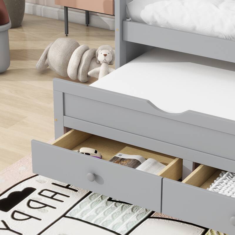 Twin Bed with Pull-Out Trundle, Three Storage Drawers, Pine Wood Frame, Headboard & Footboard