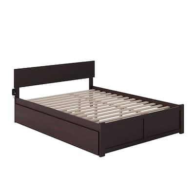 Espresso Bed with Twin XL Trundle & Adjustable Headboard - Hardwood Platform Bed - No Box Spring Needed