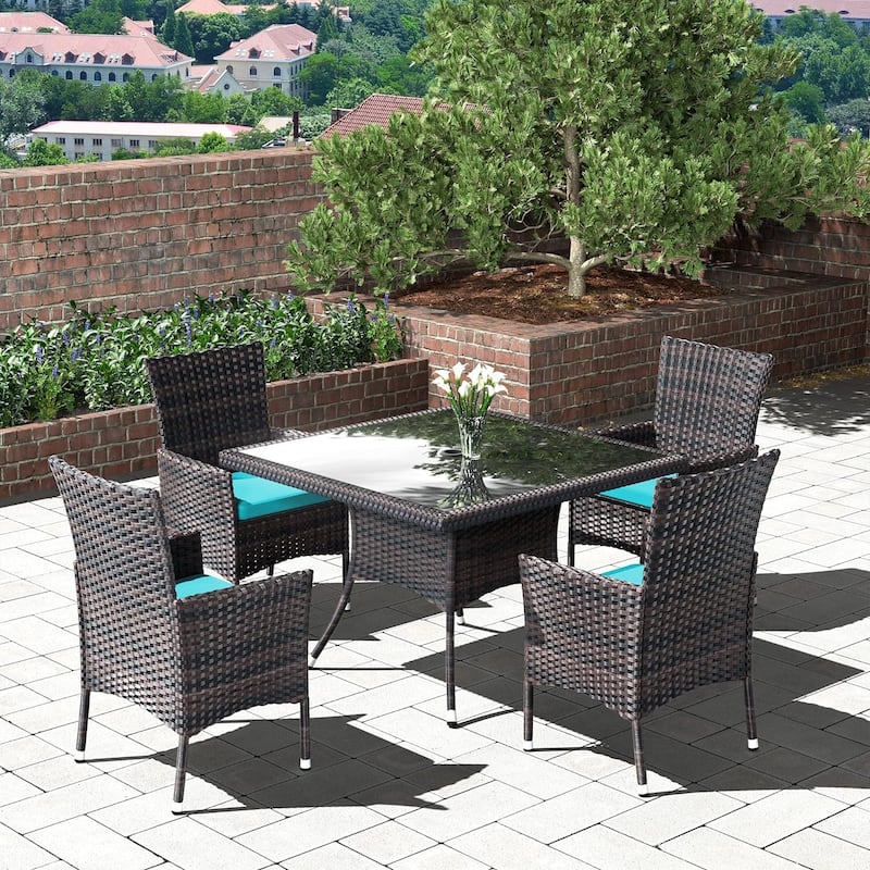 Kullavik Outdoor Dining Set, Rattan Patio Furniture Dining Table & Chairs - 5Pcs Turquoise