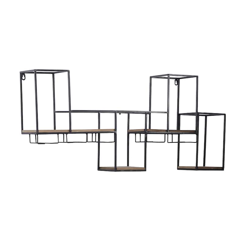 Metal Geometric 7 Bottle Wall Wine Rack with 5 Glass Holder Slots - Black - Roche River Decor - 6"W x 36"L x 16"H