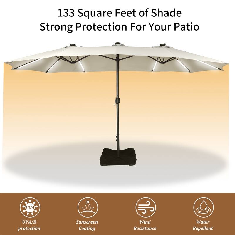 15 ft. Crank Double-sided Solar LED Ultra Lighted Outdoor Market Umbrella with Base Included