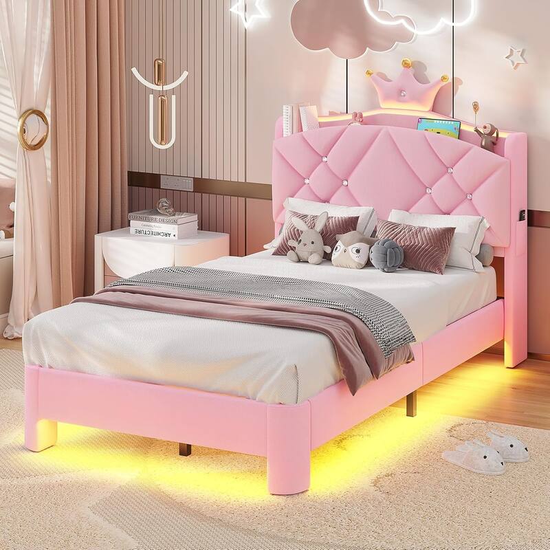 Princess Upholstered Bed with Headboard Charging Station Crystal Button Crown