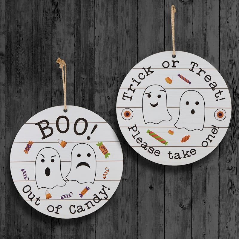 National Tree Company 11" Halloween Hanging Sign, Double Sided "Trick or Treat" and "Out of Candy" - 11 in