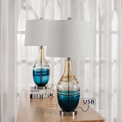 27.37" Blue Table Lamp Set with USB (Set of 2)