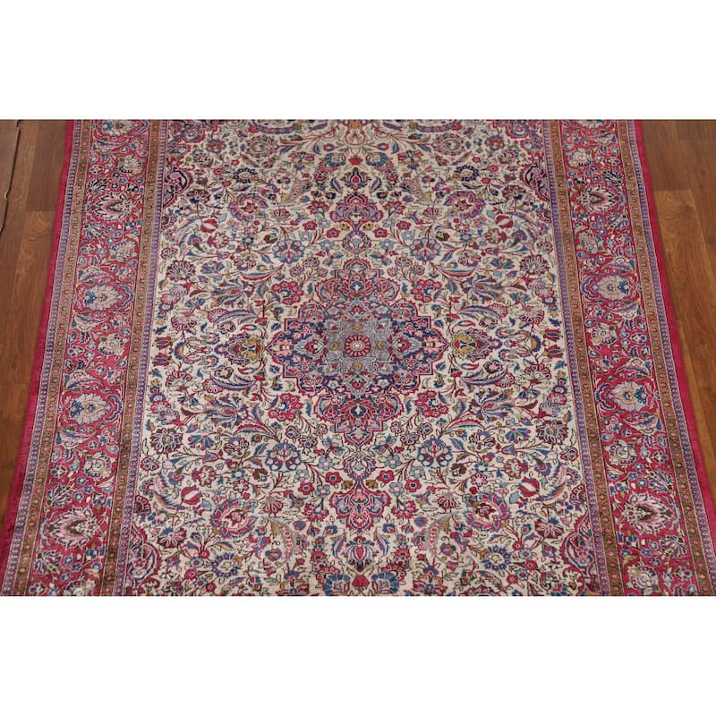 Hand Knotted Oriental Silk Carpet Traditional Floral Beige & Ivories Kashan Area Rug - 6' 7'' X 4' 2''