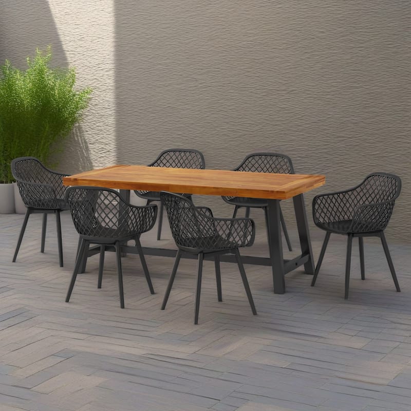 Christopher Knight Home Outdoor 7-Piece Dining Sets Acacia Wood Table with Polypropylene Accent Chairs - Natural+Black