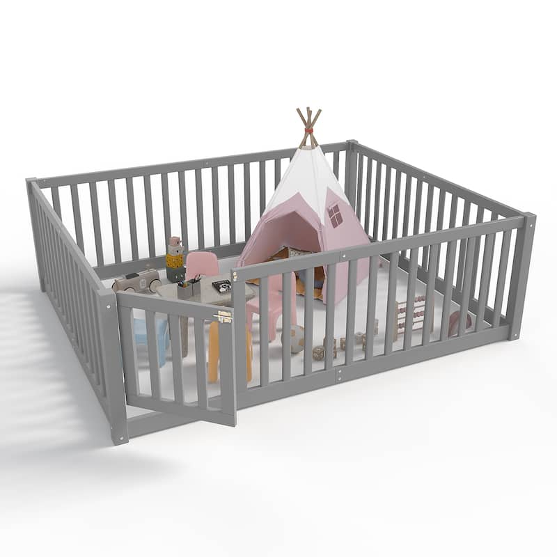 Montessori Floor Bed with Safety Guardrails & Door, Kids Low Profile Frame, Available in Queen/Full/Twin
