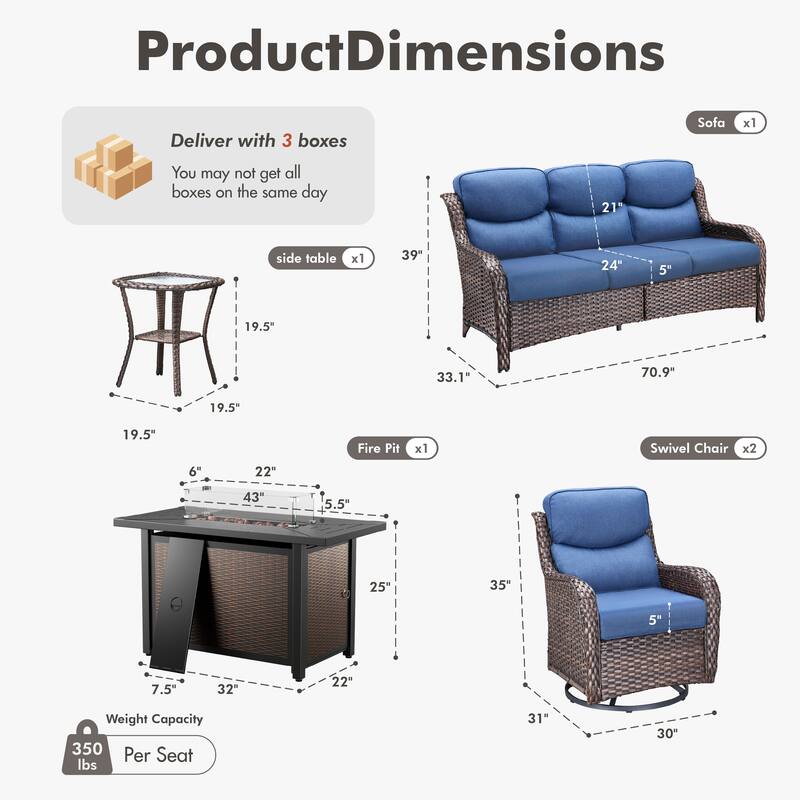 Meyreso 5-Piece Outdoor Patio Metal Fire Pit Wicker Conversation Set with 5-Inch Thick Olefin Cushions