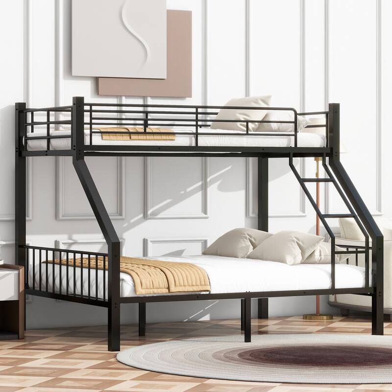Bunk Bed Frame with Ladder and Guardrail, White Black Optional