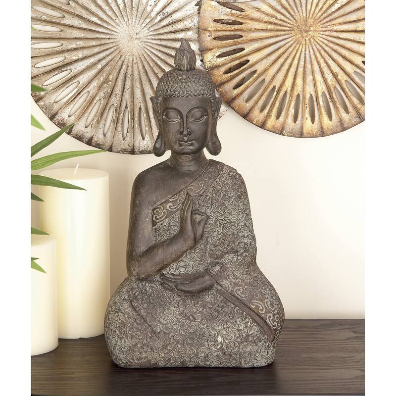 Brown Polystone Meditating Buddha Decorative Sculpture with Engraved Carvings and Relief Detailing