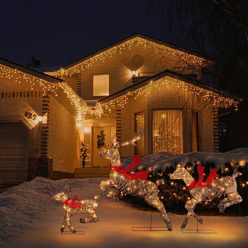 3-Piece Natural and Plastic Rattan Running Reindeer Holiday Decoration Set with Lights - Brown/Red