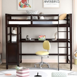 Twin Loft Bed wDesk, Side Cabinet, Drawers, Shelves, Ladder, Guardrail