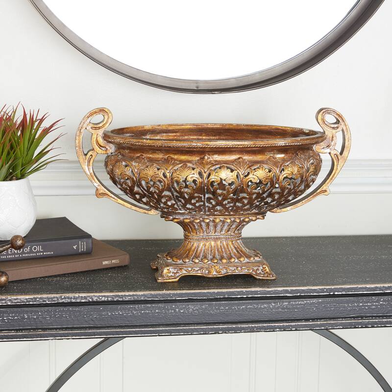 Gold Polystone Ornate Decorative Decorative Bowl with Handles - Gold