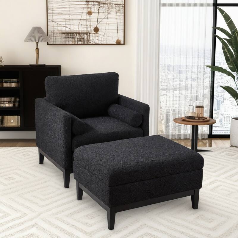 35" Farmhouse Style Boucle Single Sofa Accent Chair with Storage Footstool, Natural Wood Legs for Living Room, Office - Black + Black（Includ Chair + Ottoman）