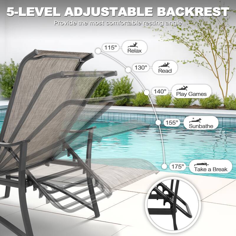 Outdoor Textilene Metal Lounge Chairs Set of 2, 5-Level Adjustable Backrest