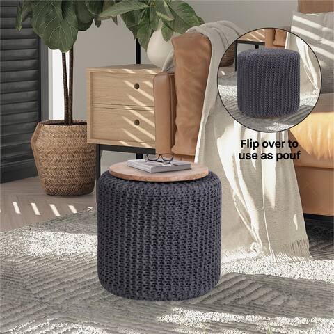 Anasofia Hand Knitted, Wooden Tray Pouf