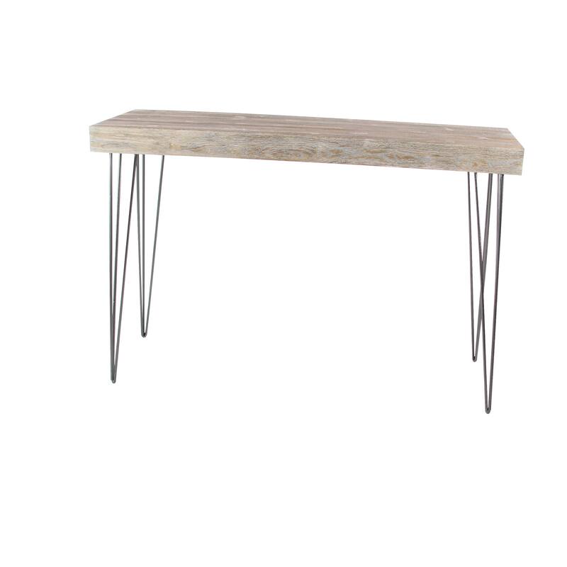 Brown Wood Console Table with Black Metal Hairpin Legs