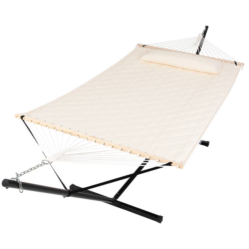 Double Hammock with 12 Feet Heavy Duty Steel Stand Combo, 2 Person Quilted Fabric Hammocks with Stand,450 LBS Weight Capacity - Natural