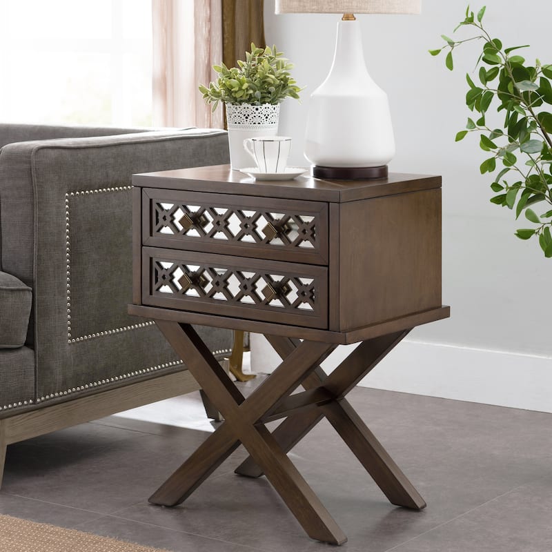 Leick Home Mirrored Diamond Filigree Two Drawer X Base Nightstand Side Table