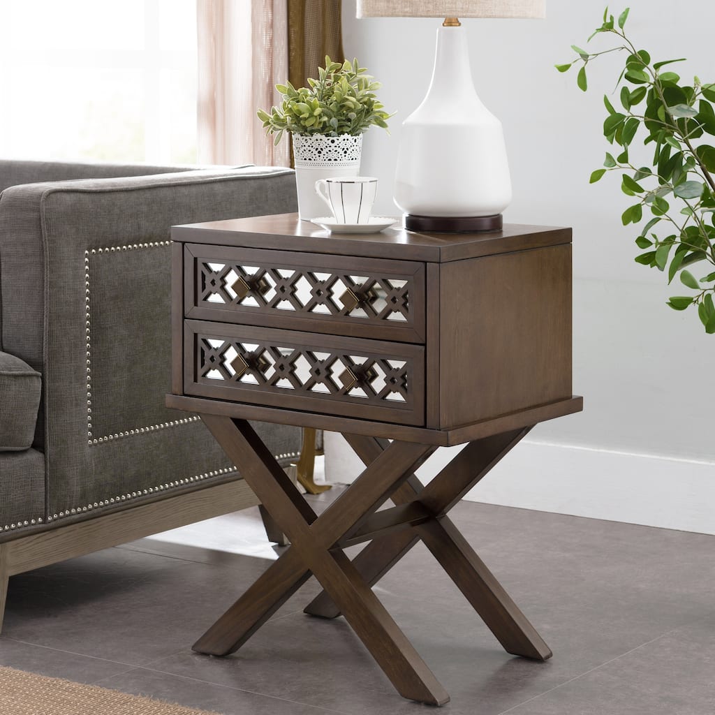 Leick Home Mirrored Diamond Filigree Two Drawer X Base Nightstand Side Table