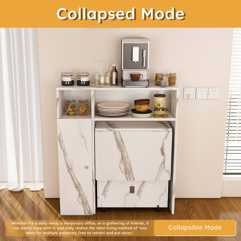 White Folding Dining Table with Adjustable Modes and Storage Cabinets USB AC Power Outlets - 37.4”L x 11.8”W x 43.3”H