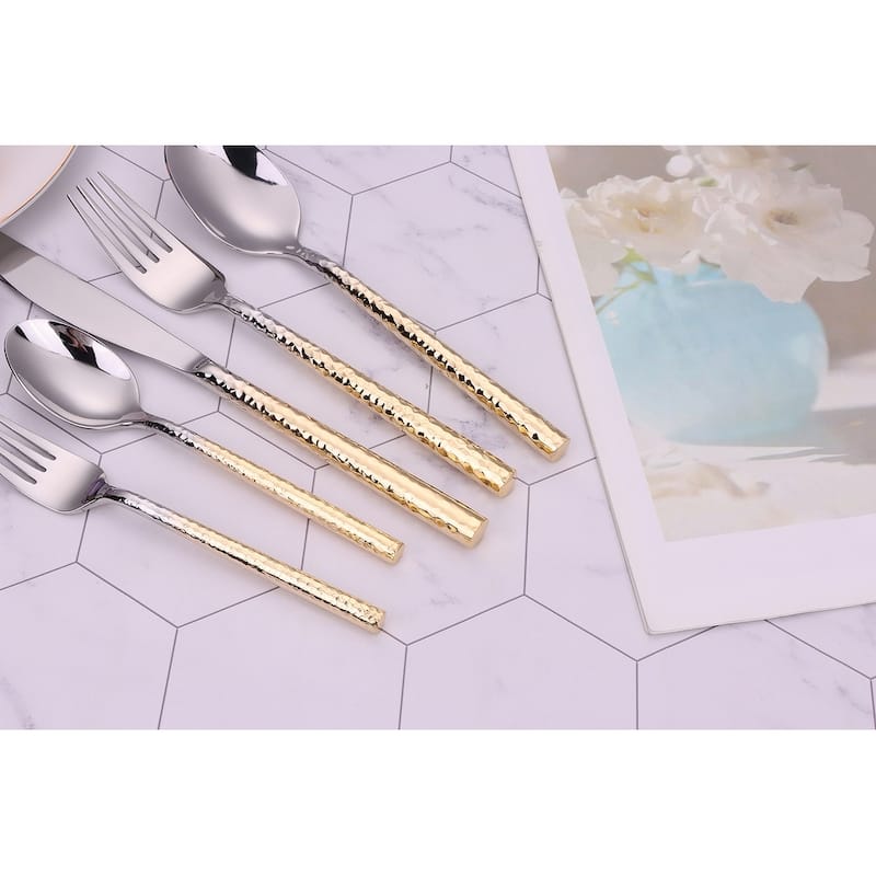 20 Pc Flatware Set Silver With Graduated Gold Pebbled Handles - Service For 4