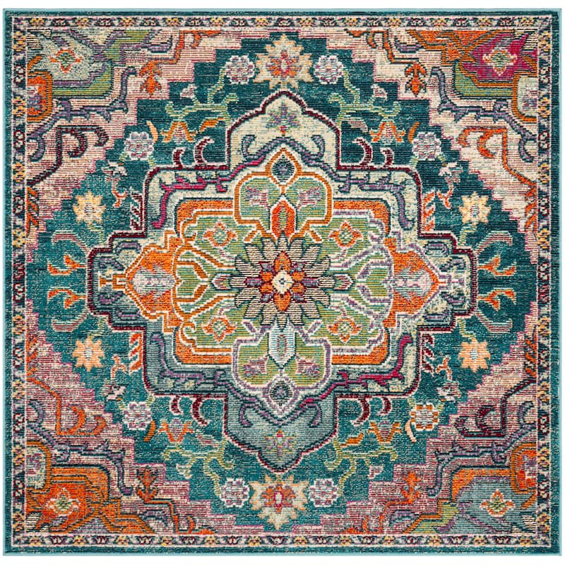 SAFAVIEH, Crystal Naimat Vintage Boho Medallion Rug - 4' Square - Teal/Rose