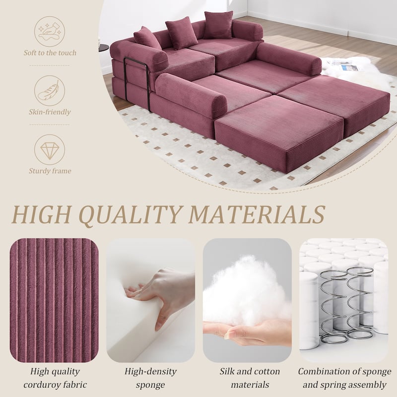 HOMEFUN Corduroy Upholstered Convertible Folding Sofa Bed with Fixed Frame and Pillow Back Handrail