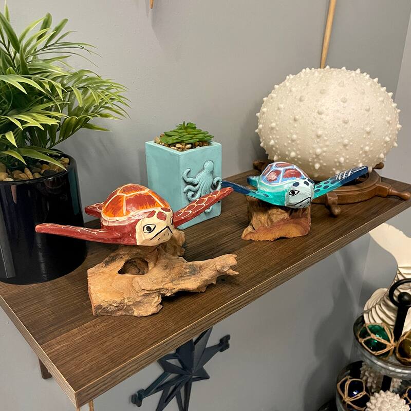 Handcrafted Sea Turtle Sculptures Set Of 2, Coastal Wood Art, Ocean - 4 X 7 X 5 inches