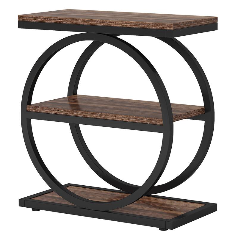 Industrial Narrow End Table with 3 Shelves - 23.6" Slim Side Table for Small Spaces, Dark Brown Wood & Black Metal Frame