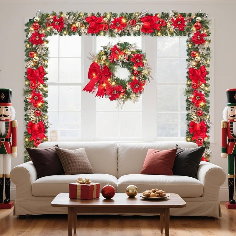 24 Inch PVC Christmas Wreath, Red Bow Garland for Front Door - N/A