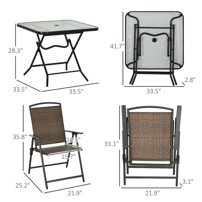 5-Piece Outdoor Patio Folding Dining Set with 2 Folding Chairs, Tempered Glass Foldable Table, and Umbrella Hole