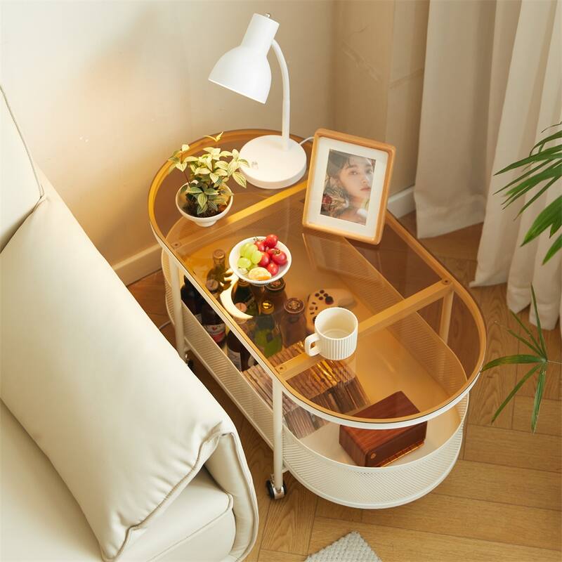 Rolling Oval Metal Coffee Table with Storage and Glass Top