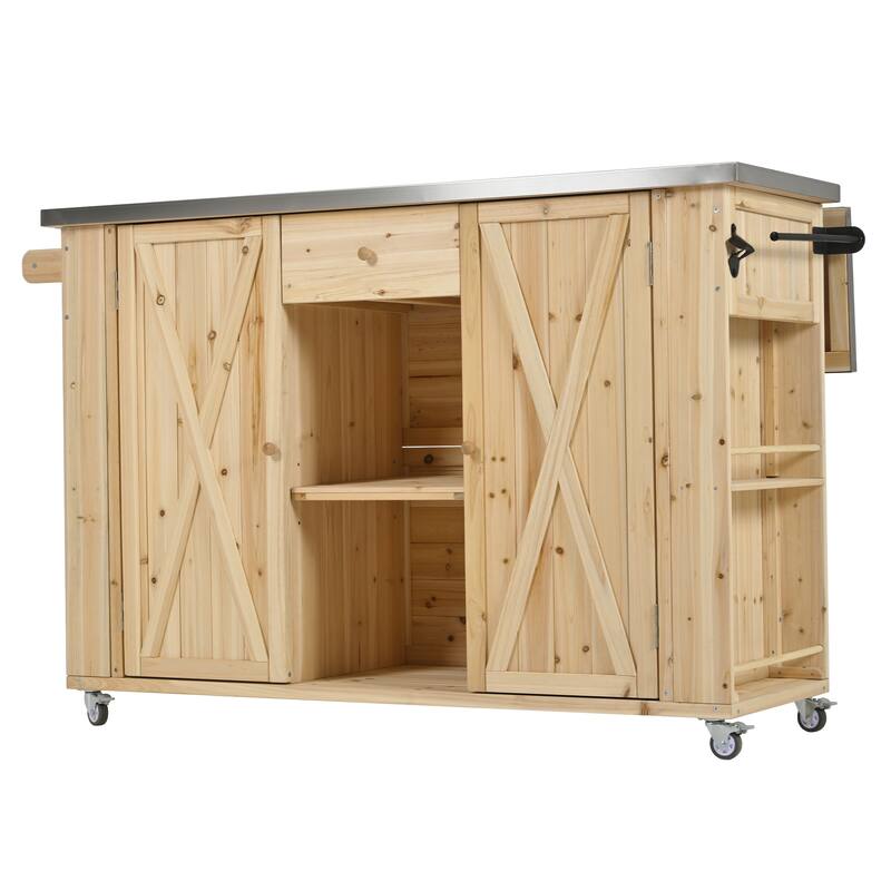 Outdoor Wood Kitchen Island w/ Stainless Steel Top,Towel,Bottle Opener